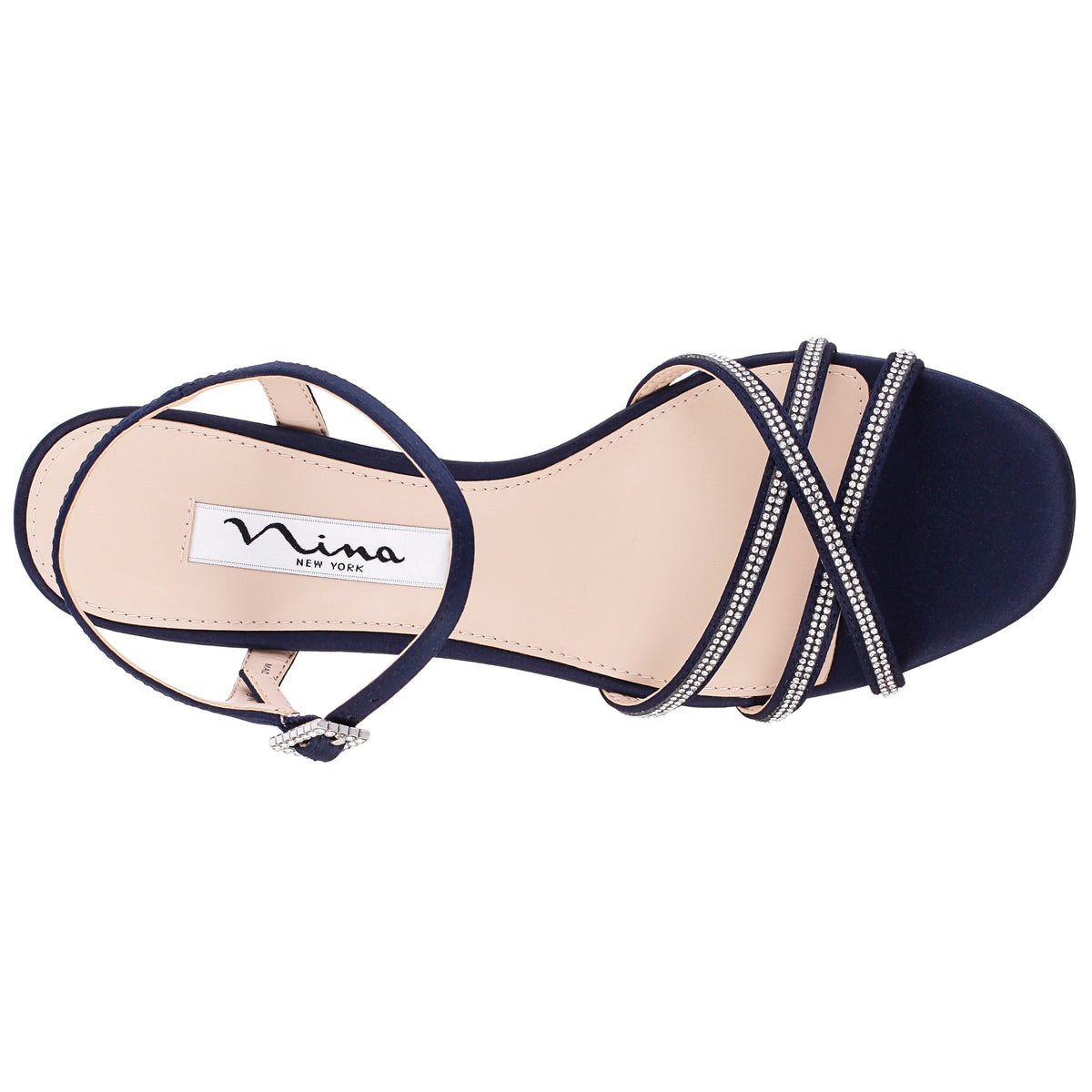 Bobby Navy Satin Mid-Heel Sandals with Ankle-Strap | Nina Shoes