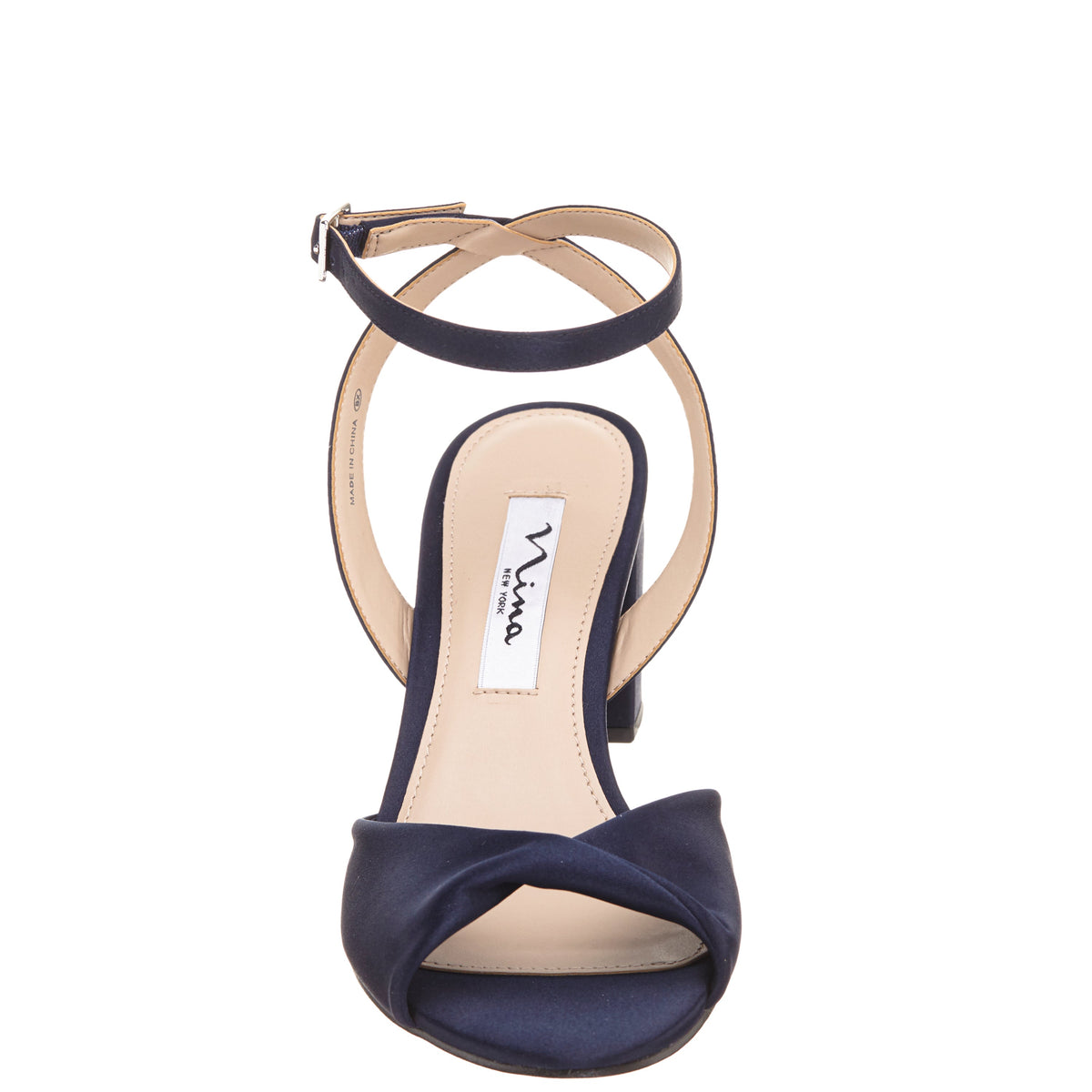 Nigella Blue Satin Block-Heel Sandals with Ankle-Strap | Nina Shoes
