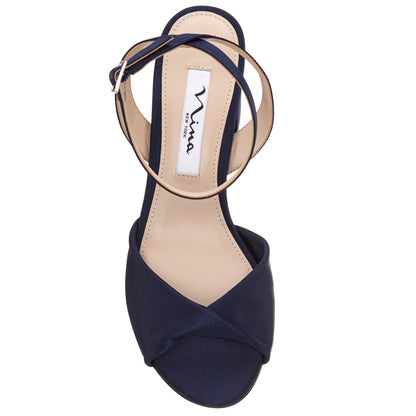 Nigella Blue Satin Block-Heel Sandals with Ankle-Strap | Nina Shoes