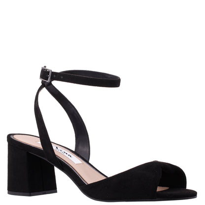 Nigella Black Suedette Block-Heel Sandals with Ankle-Strap | Nina Shoes
