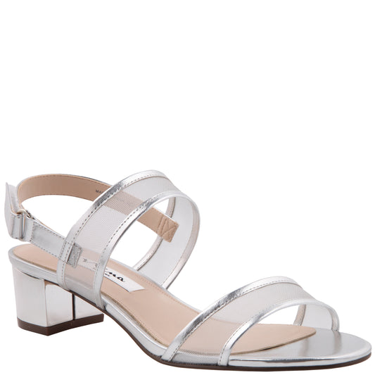 Ganice Silver Metallic Foil with Mesh Block-Heel Hook & Loop Sandals | Nina Shoes
