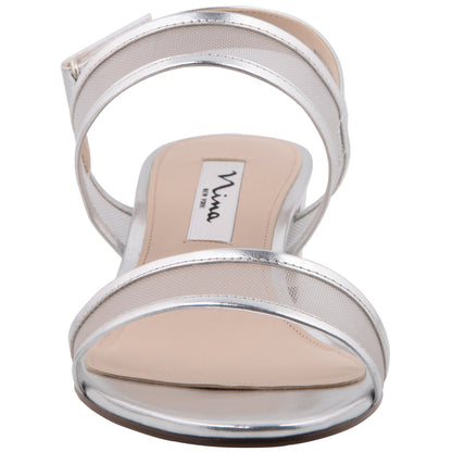 Ganice Silver Metallic Foil with Mesh Block-Heel Hook & Loop Sandals | Nina Shoes