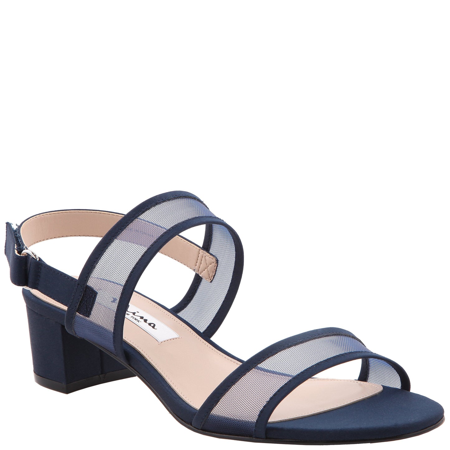 Ganice Blue Satin with Mesh Block-Heel Hook & Loop Sandals | Nina Shoes