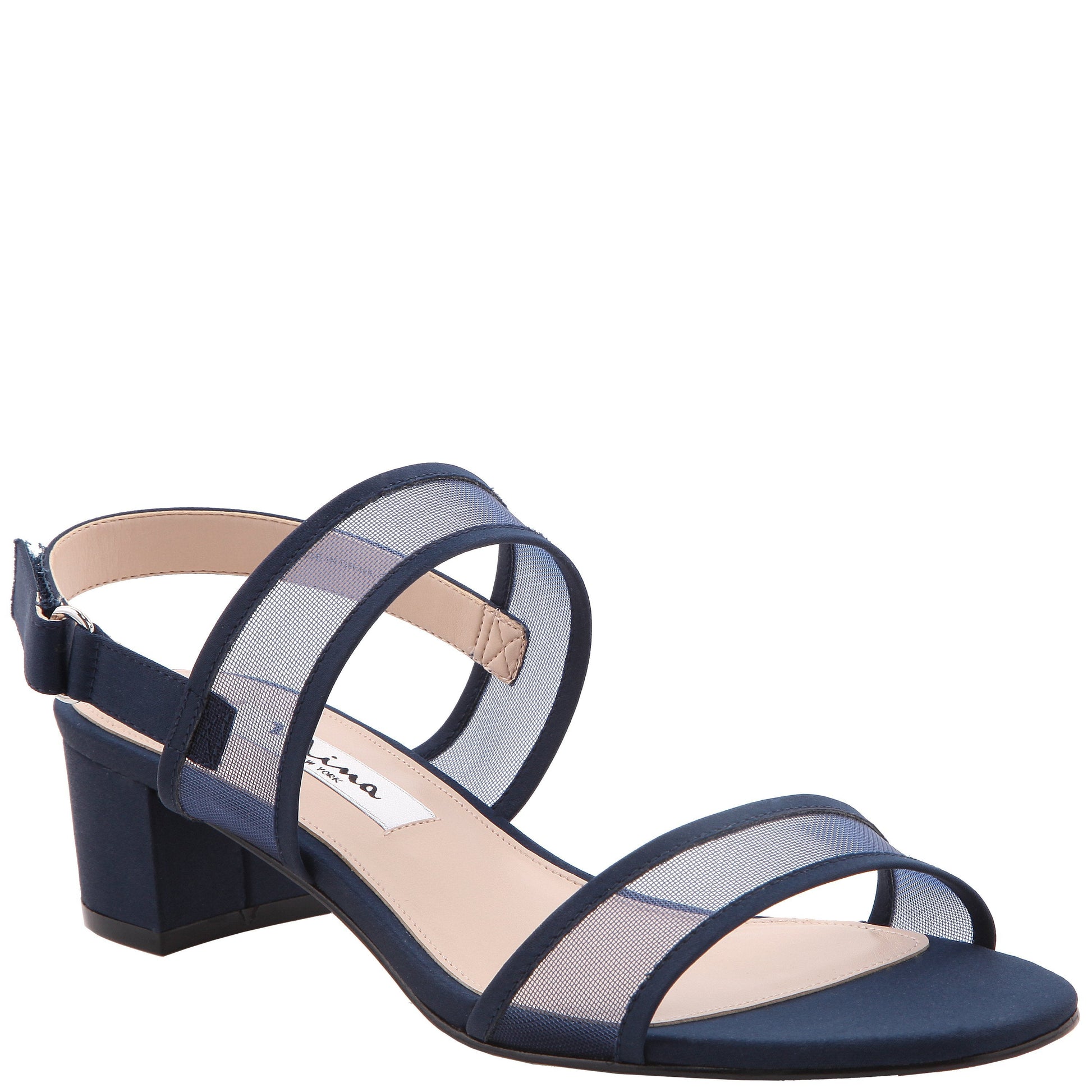 Ganice Blue Satin with Mesh Block-Heel Hook & Loop Sandals | Nina Shoes