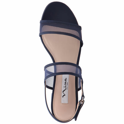 Ganice Blue Satin with Mesh Block-Heel Hook & Loop Sandals | Nina Shoes