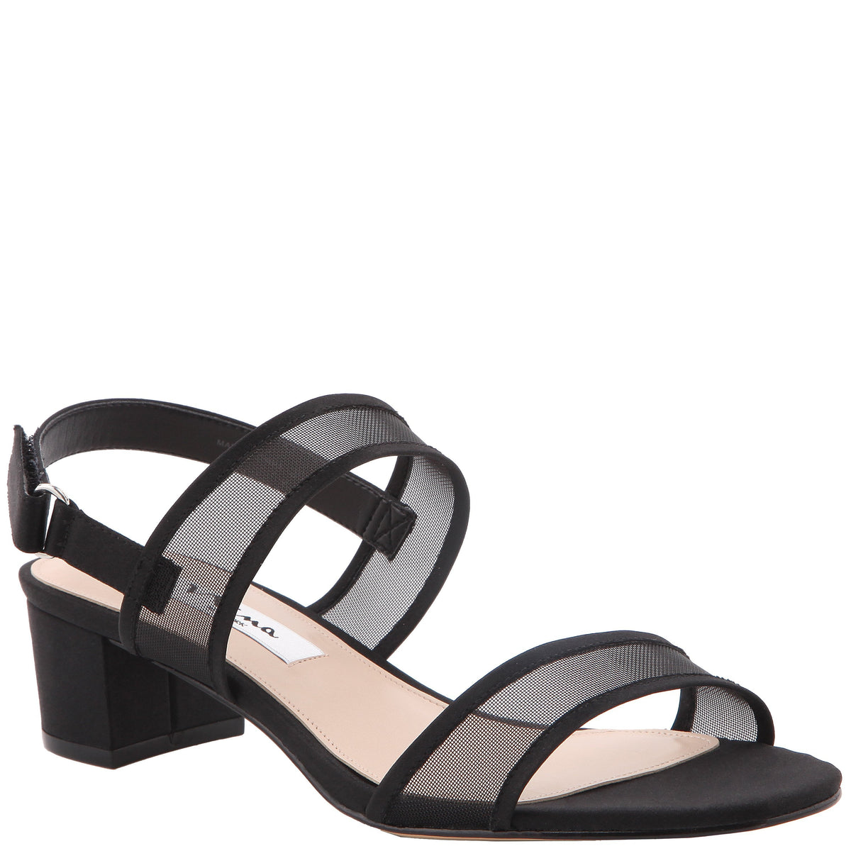 Ganice Black Satin with Mesh Block-Heel Hook & Loop Sandals | Nina Shoes