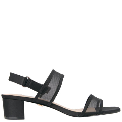 Ganice Black Satin with Mesh Block-Heel Hook & Loop Sandals | Nina Shoes