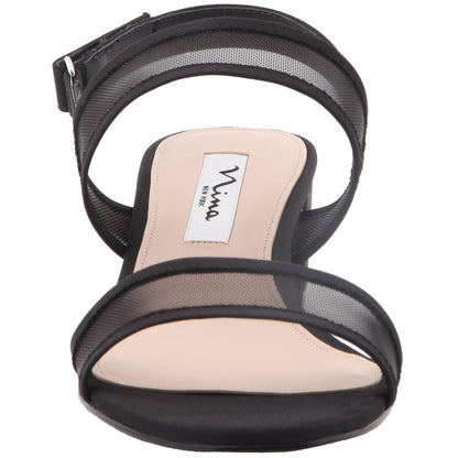Ganice Black Satin with Mesh Block-Heel Hook & Loop Sandals | Nina Shoes