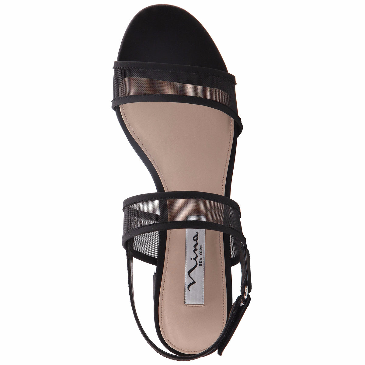 Ganice Black Satin with Mesh Block-Heel Hook & Loop Sandals | Nina Shoes