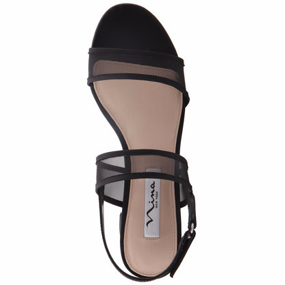 Ganice Black Satin with Mesh Block-Heel Hook & Loop Sandals | Nina Shoes