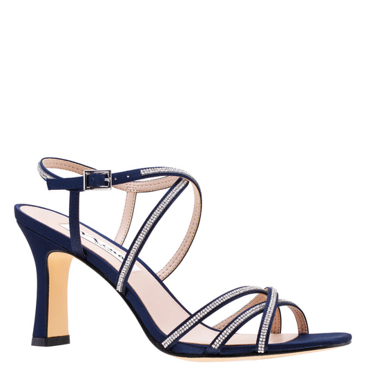 Anna Navy Satin Mid-Heel Sandals | Nina Shoes