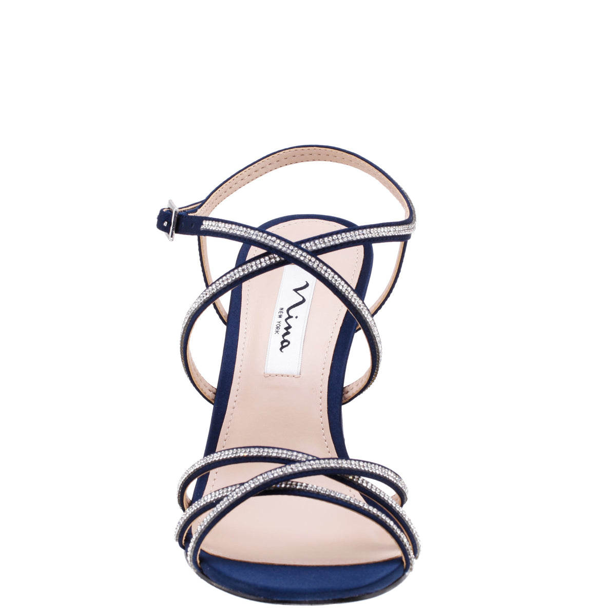 Anna Navy Satin Mid-Heel Sandals | Nina Shoes