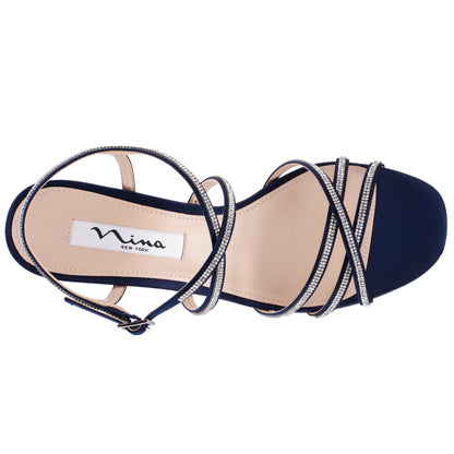Anna Navy Satin Mid-Heel Sandals | Nina Shoes