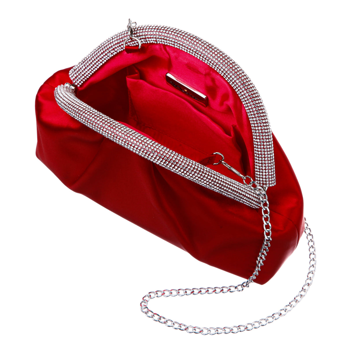 Jane Red Satin/Glass Crystal Frame Clutch | Nina Shoes