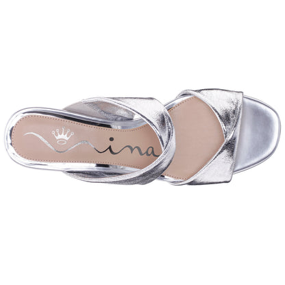 Bassie Silver Metallic Block Heel Sandal | Nina Shoes