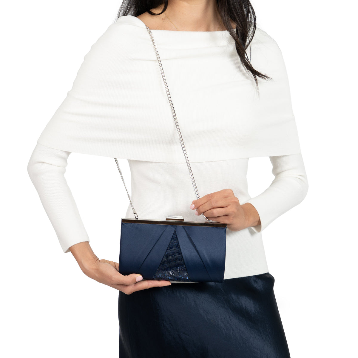 Ophelia Blue Pleated Satin Frame Clutch | Nina Shoes