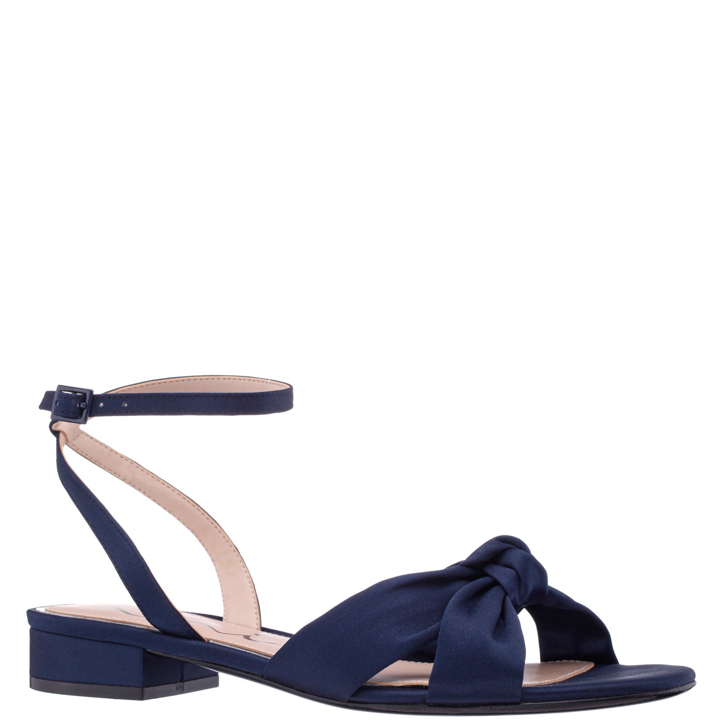 Sulma Blue Satin Block-Heel Flat Sandals with Ankle-Strap | Nina Shoes