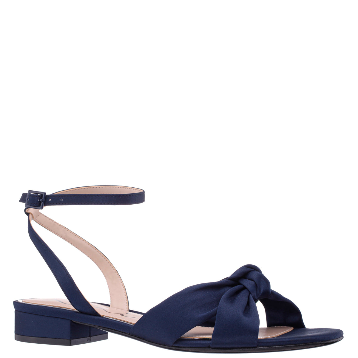 Sulma Blue Satin Block-Heel Flat Sandals with Ankle-Strap | Nina Shoes