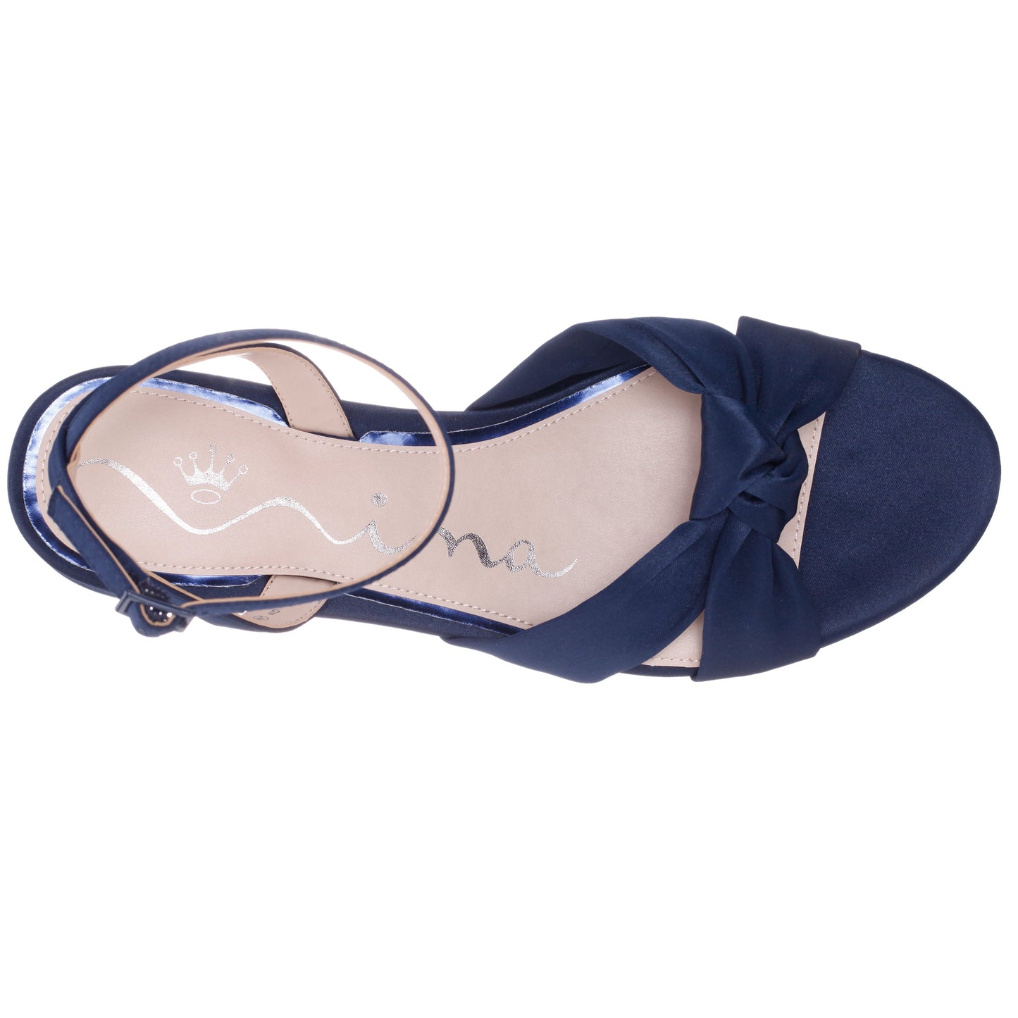 Sulma Blue Satin Block-Heel Flat Sandals with Ankle-Strap | Nina Shoes