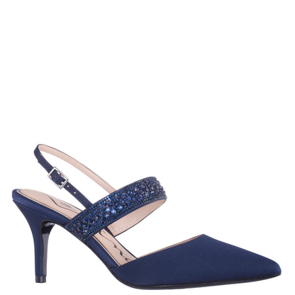 Trista Navy Satin Sling Back Mid-Heel Pumps | Nina Shoes