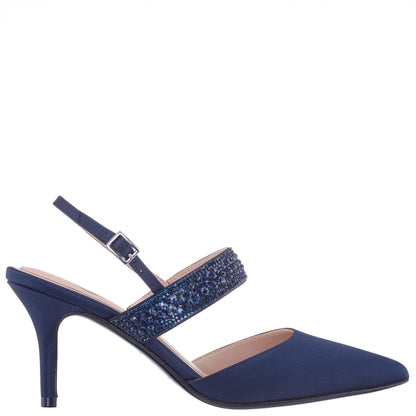 Trista Navy Satin Sling Back Mid-Heel Pumps | Nina Shoes