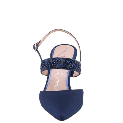 Trista Navy Satin Sling Back Mid-Heel Pumps | Nina Shoes