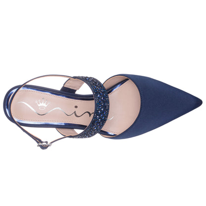 Trista Navy Satin Sling Back Mid-Heel Pumps | Nina Shoes