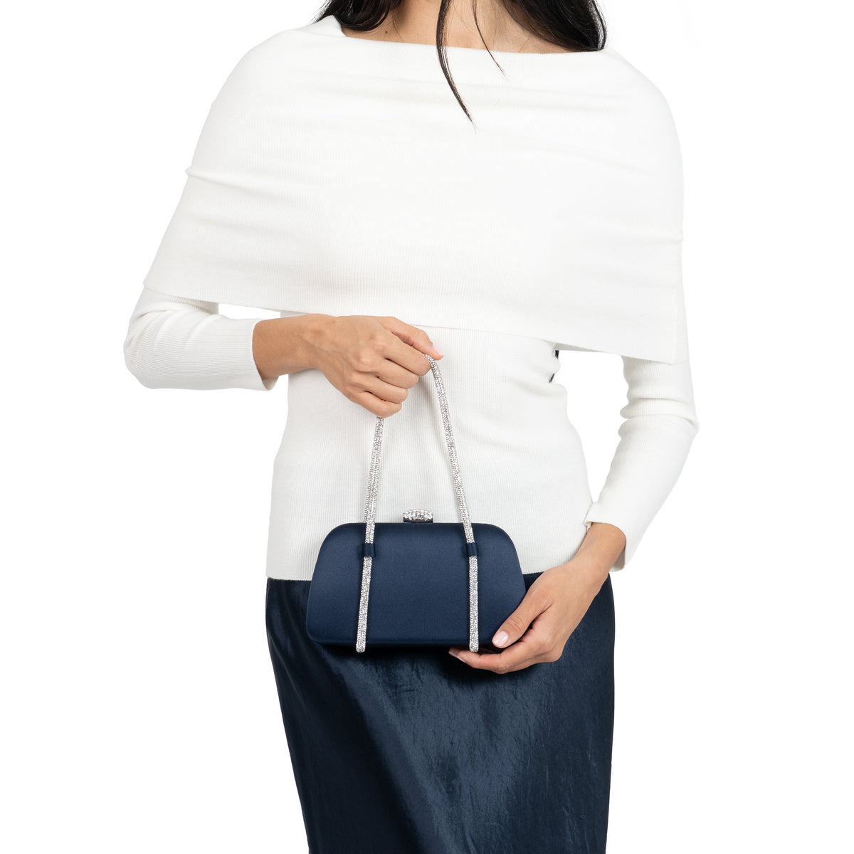 Camara Blue Satin/Glass Crystal Minaudiere | Nina Shoes