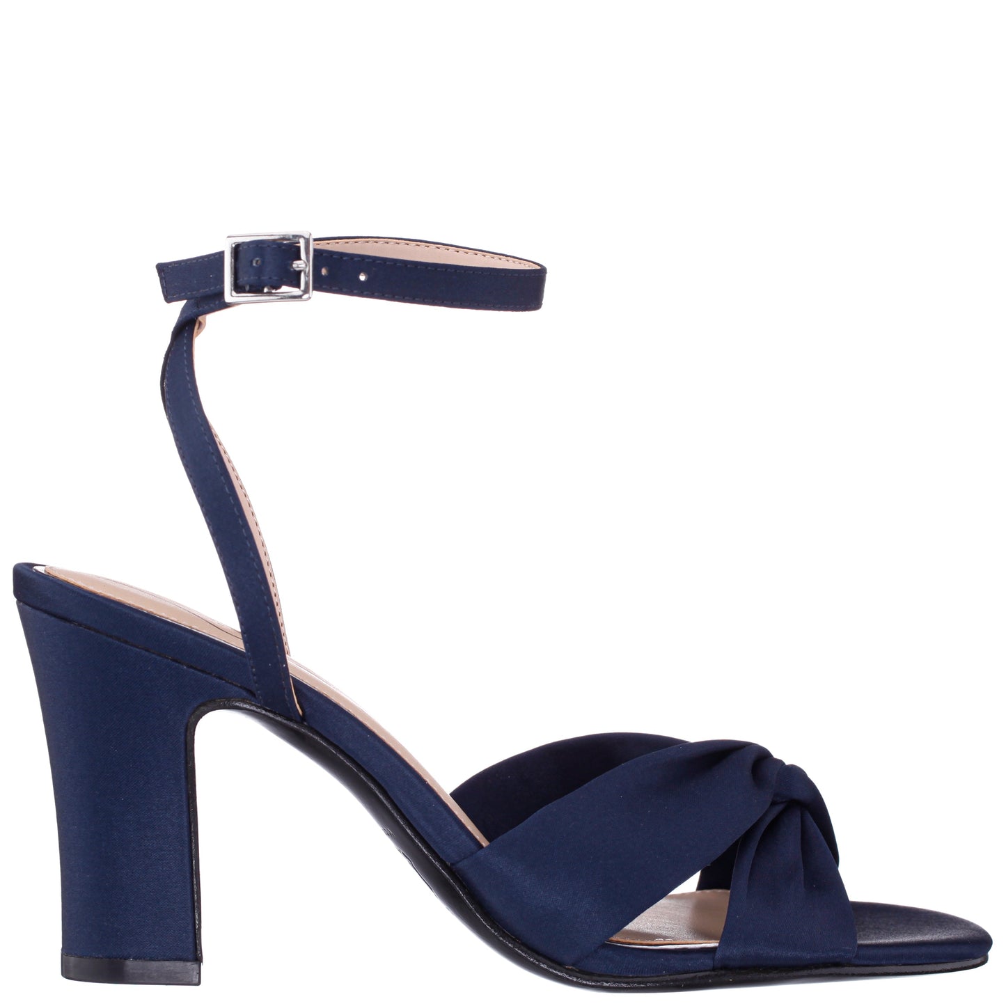 Ashley Navy Satin Block-Heel Sandals | Nina Shoes