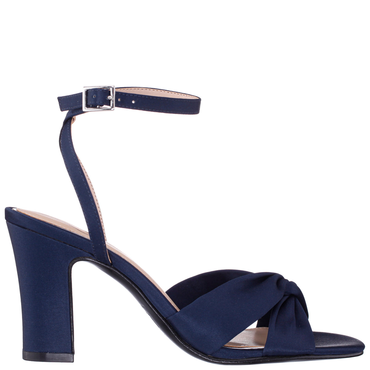 Ashley Navy Satin Block-Heel Sandals | Nina Shoes