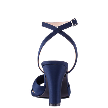 Ashley Navy Satin Block-Heel Sandals | Nina Shoes