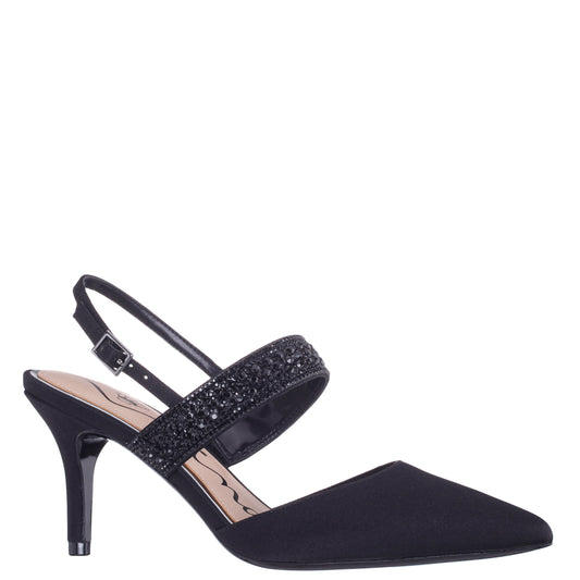 Trista Black Satin Sling Back Mid-Heel Pumps | Nina Shoes