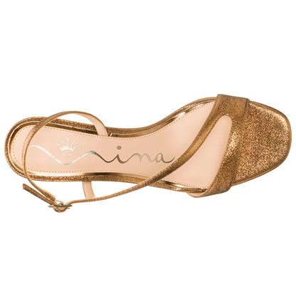 Bubbles Brown Textured Metallic Mid-Heel Sandal | Nina Shoes