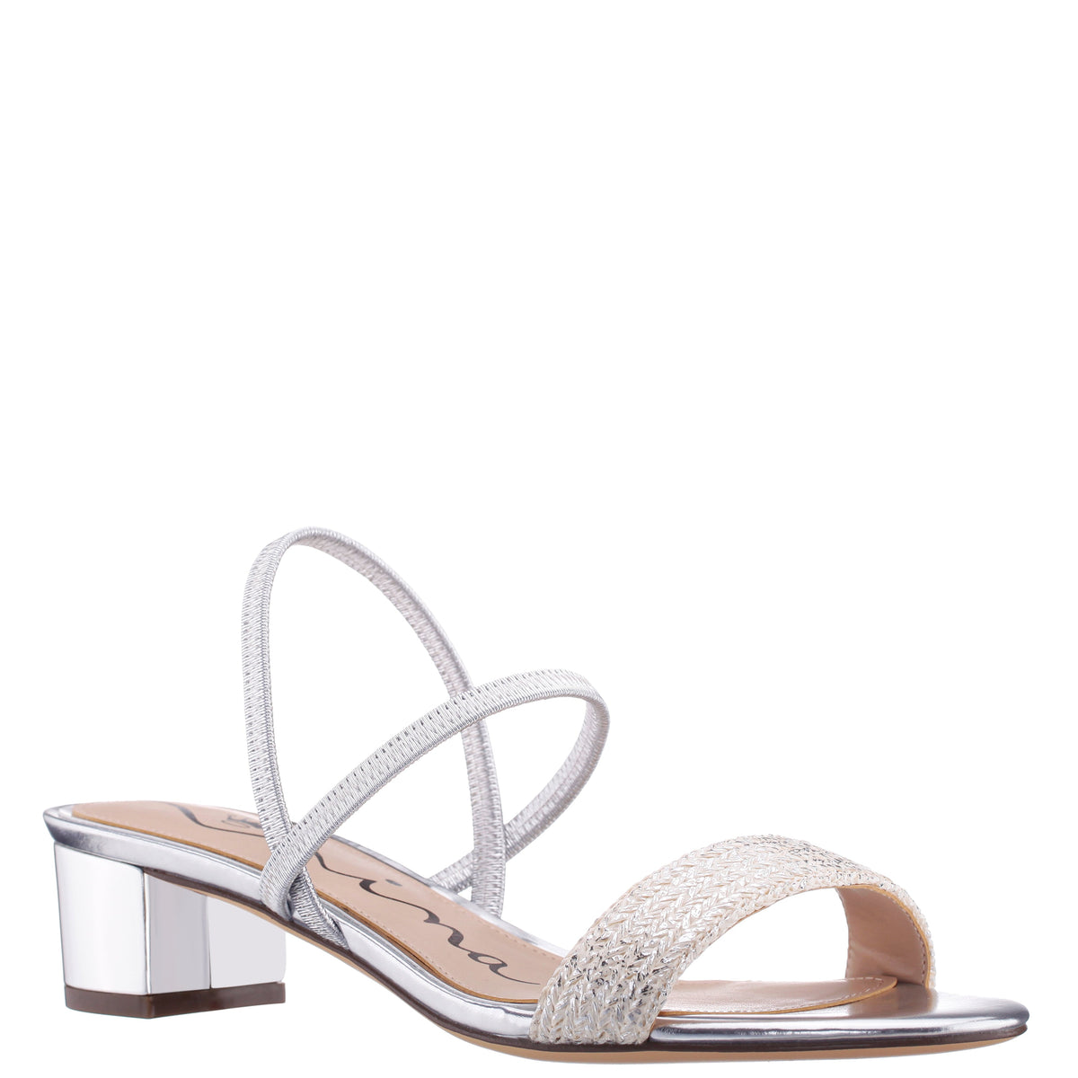 Gessica Silver Metallic Straw Block Heel Sandal | Nina Shoes