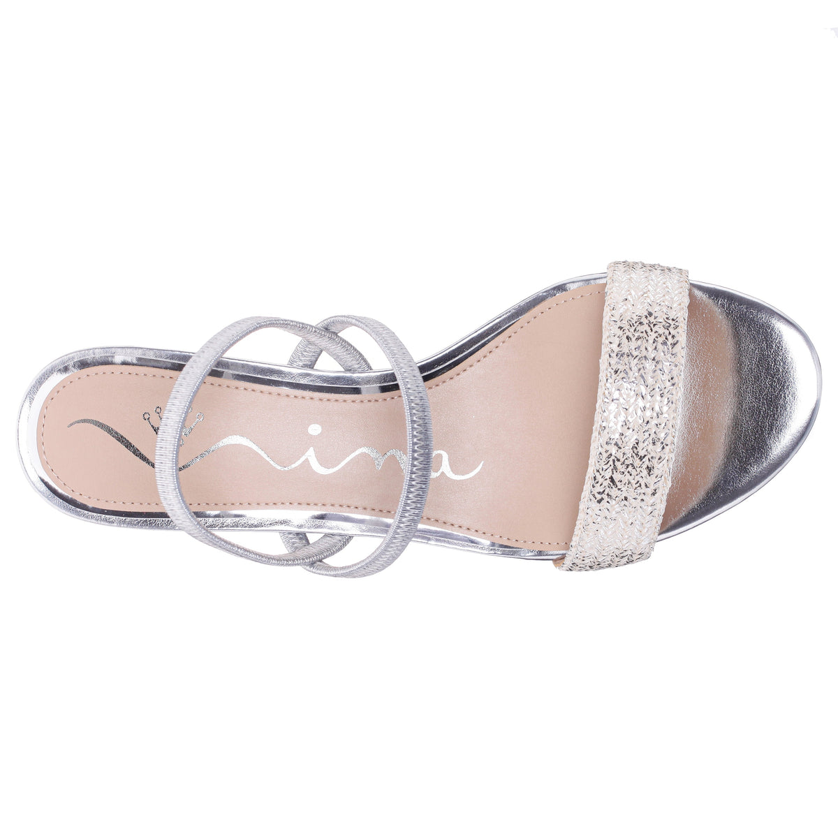 Gessica Silver Metallic Straw Block Heel Sandal | Nina Shoes