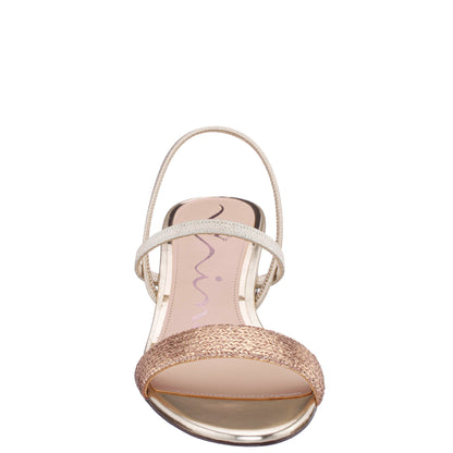 Gessica Gold Metallic Straw Block Heel Sandal | Nina Shoes