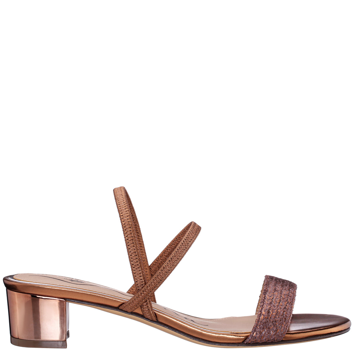 Gessica Brown Metallic Straw Block Heel Sandal | Nina Shoes