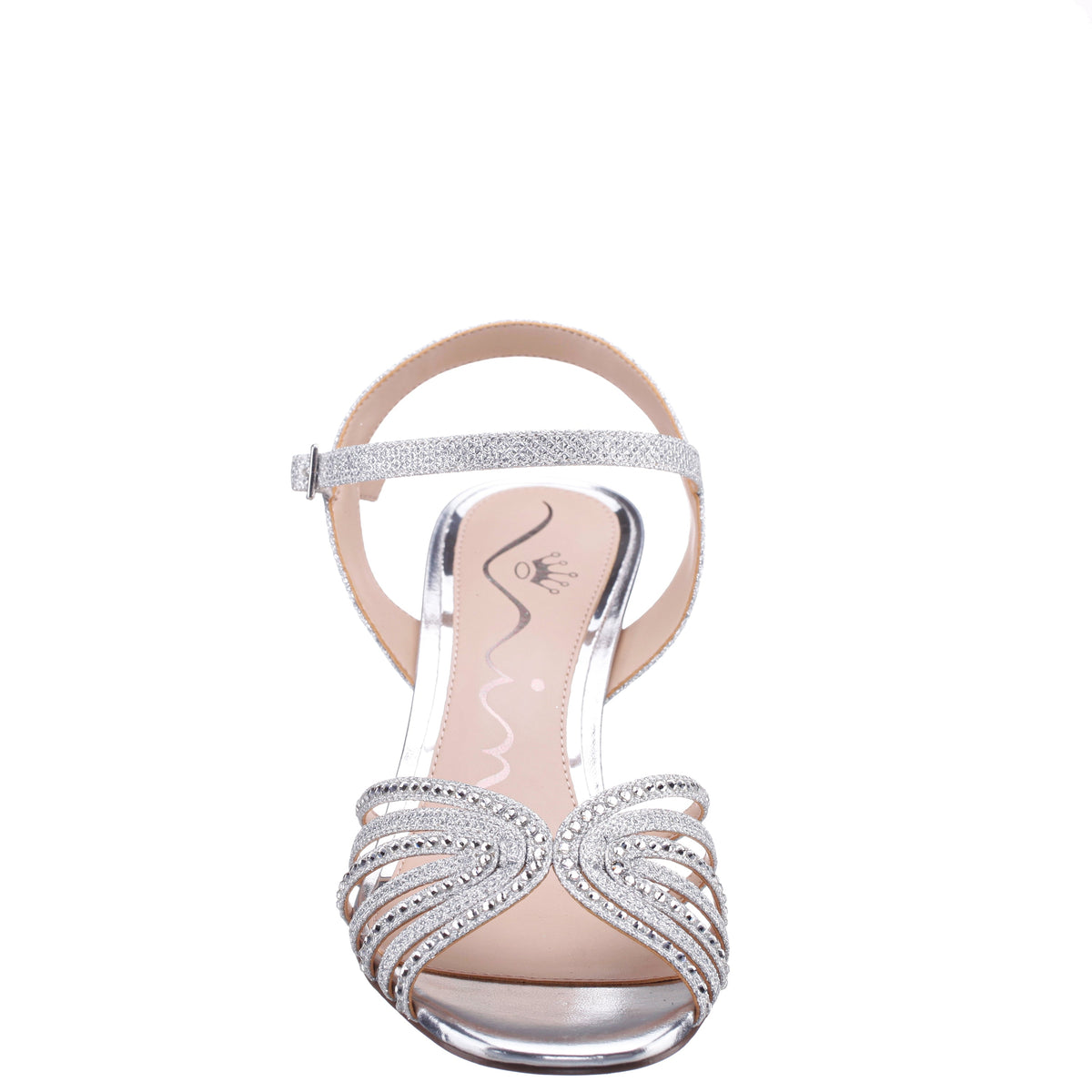 Bryna Silver Ankle Strap Mid-Heel Sandals | Nina Shoes