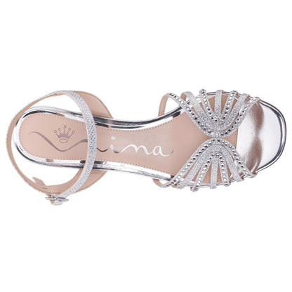 Bryna Silver Ankle Strap Mid-Heel Sandals | Nina Shoes