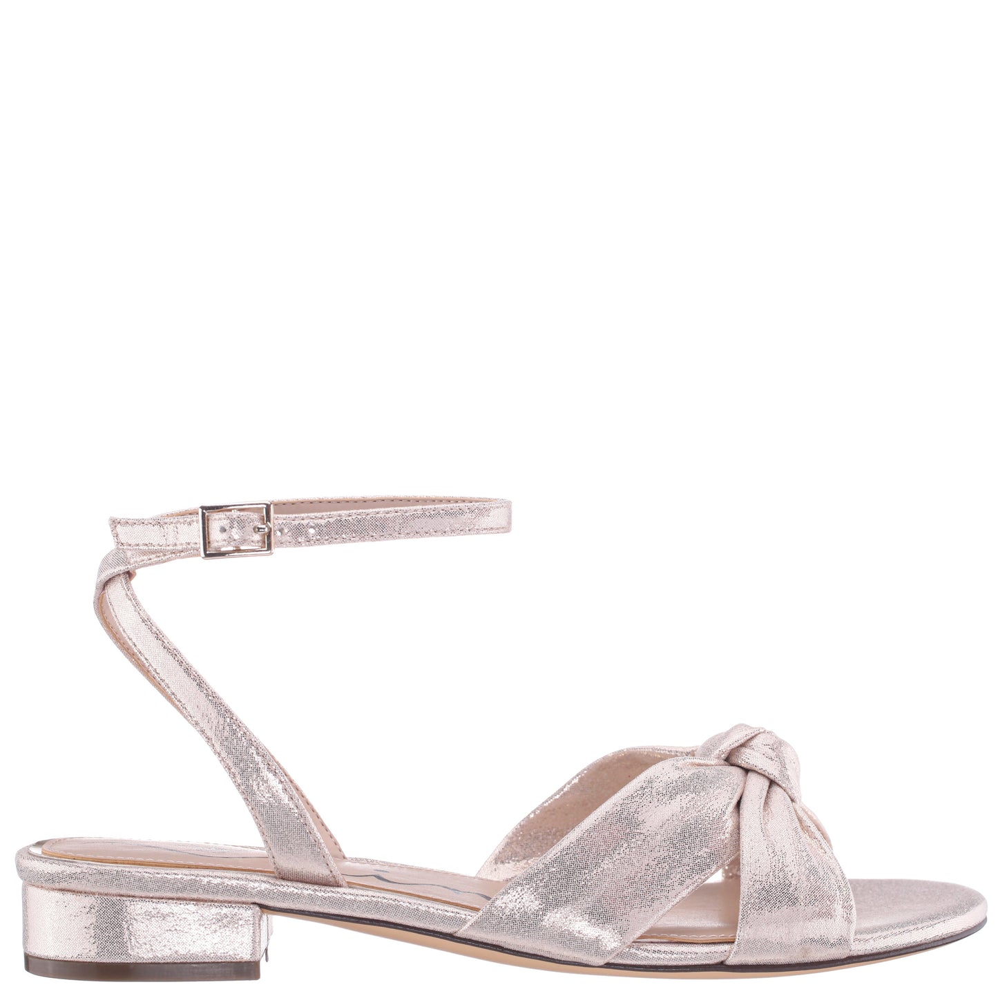 Sulma Platino Metallic Suedette Block-Heel Flat Sandals with Ankle-Strap | Nina Shoes