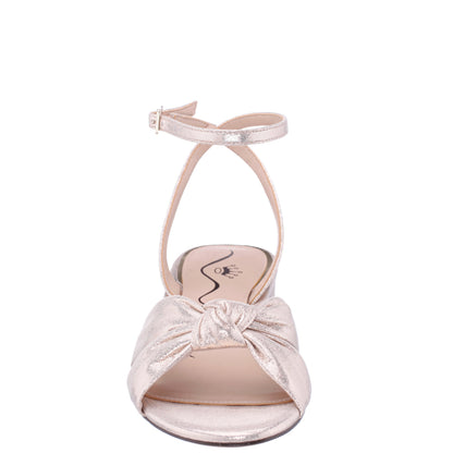Sulma Platino Metallic Suedette Block-Heel Flat Sandals with Ankle-Strap | Nina Shoes