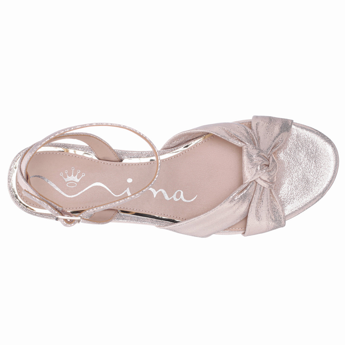 Sulma Platino Metallic Suedette Block-Heel Flat Sandals with Ankle-Strap | Nina Shoes