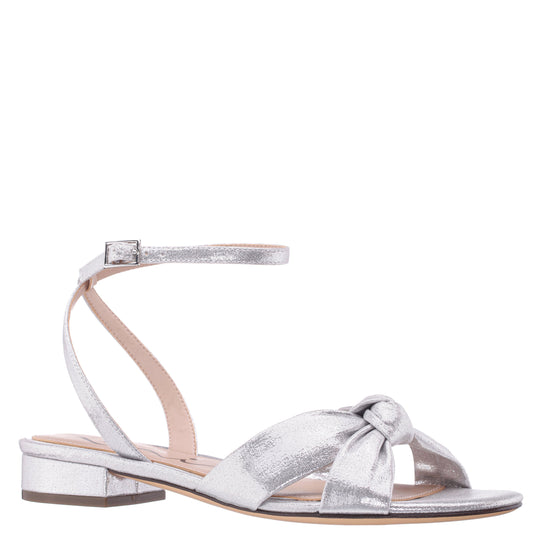 Sulma Silver Metallic Suedette Block-Heel Flat Sandals with Ankle-Strap | Nina Shoes