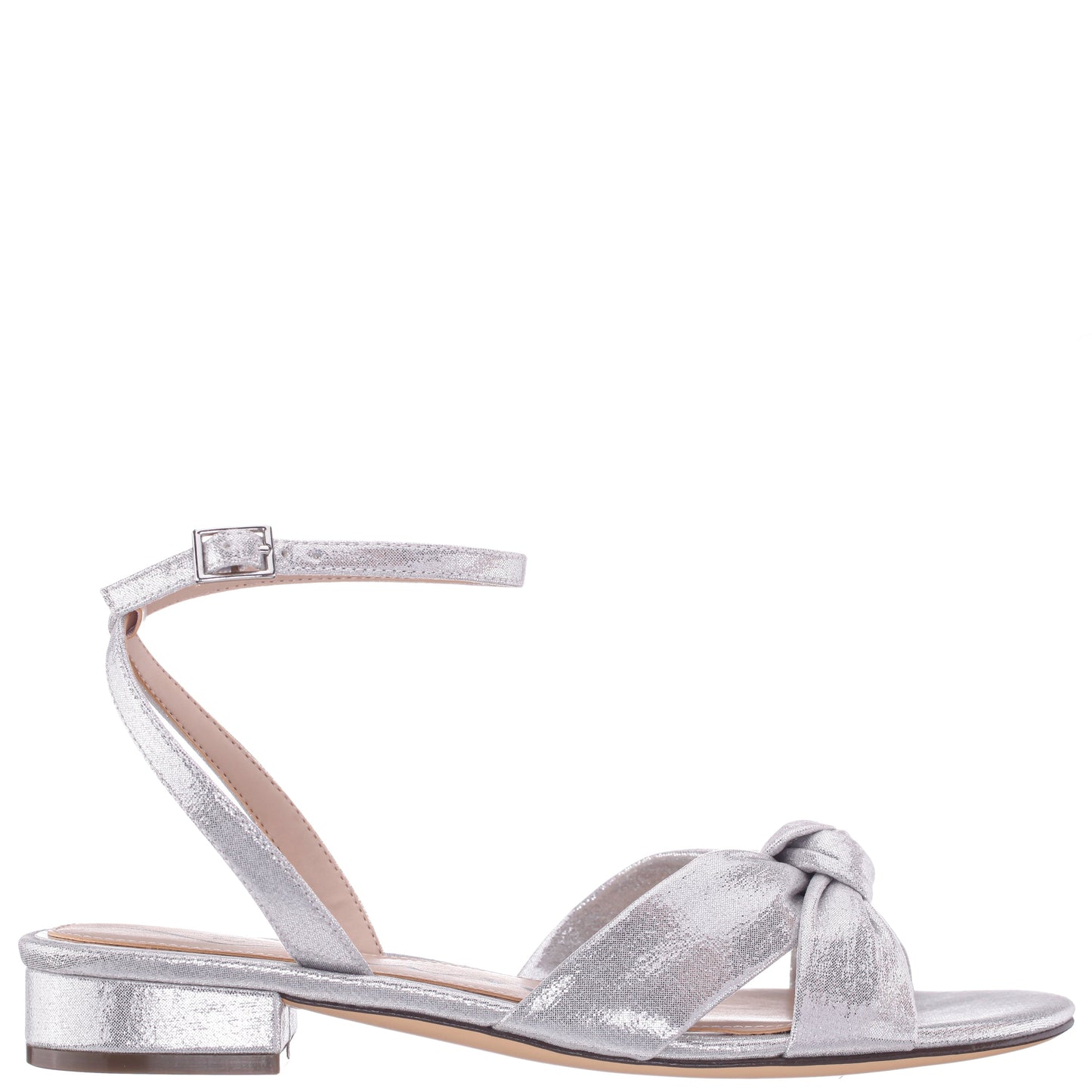 Sulma Silver Metallic Suedette Block-Heel Flat Sandals with Ankle-Strap | Nina Shoes