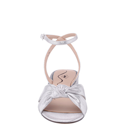 Sulma Silver Metallic Suedette Block-Heel Flat Sandals with Ankle-Strap | Nina Shoes