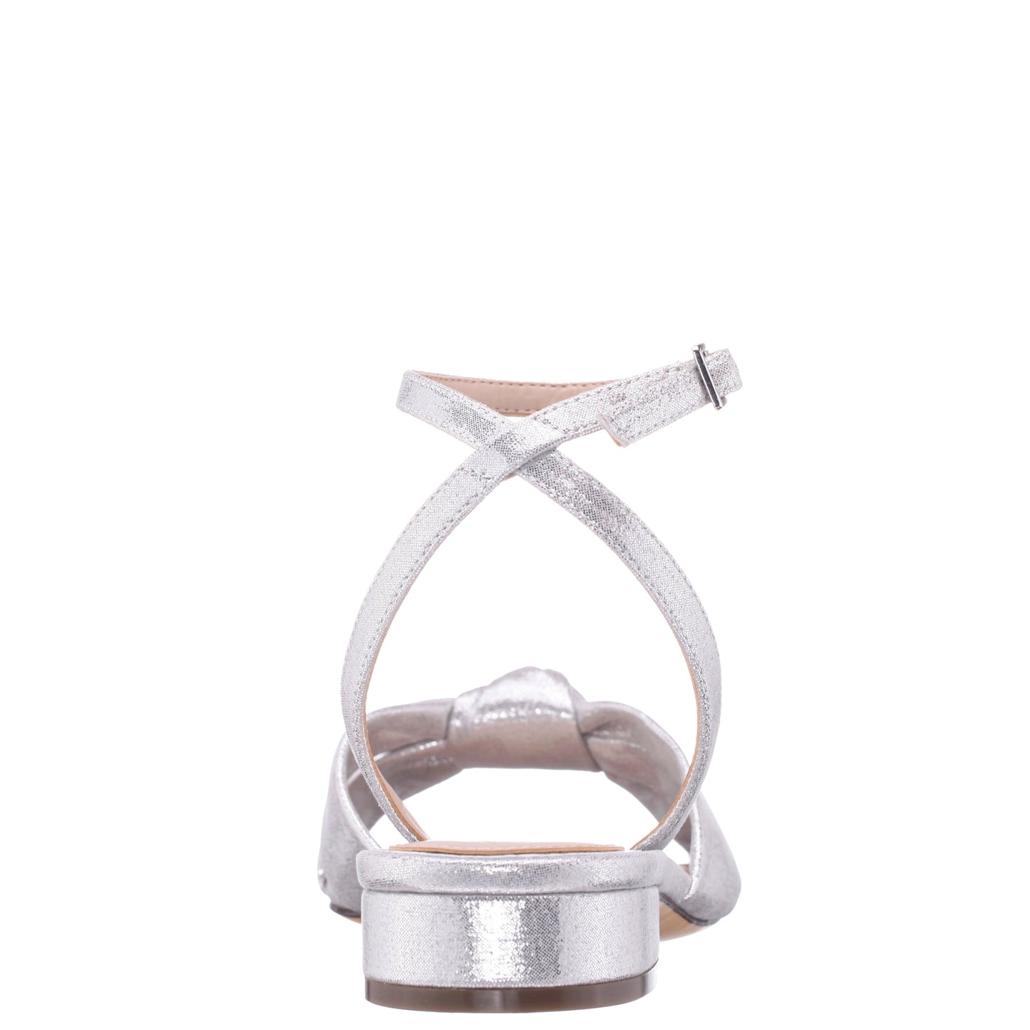 Sulma Silver Metallic Suedette Block-Heel Flat Sandals with Ankle-Strap | Nina Shoes