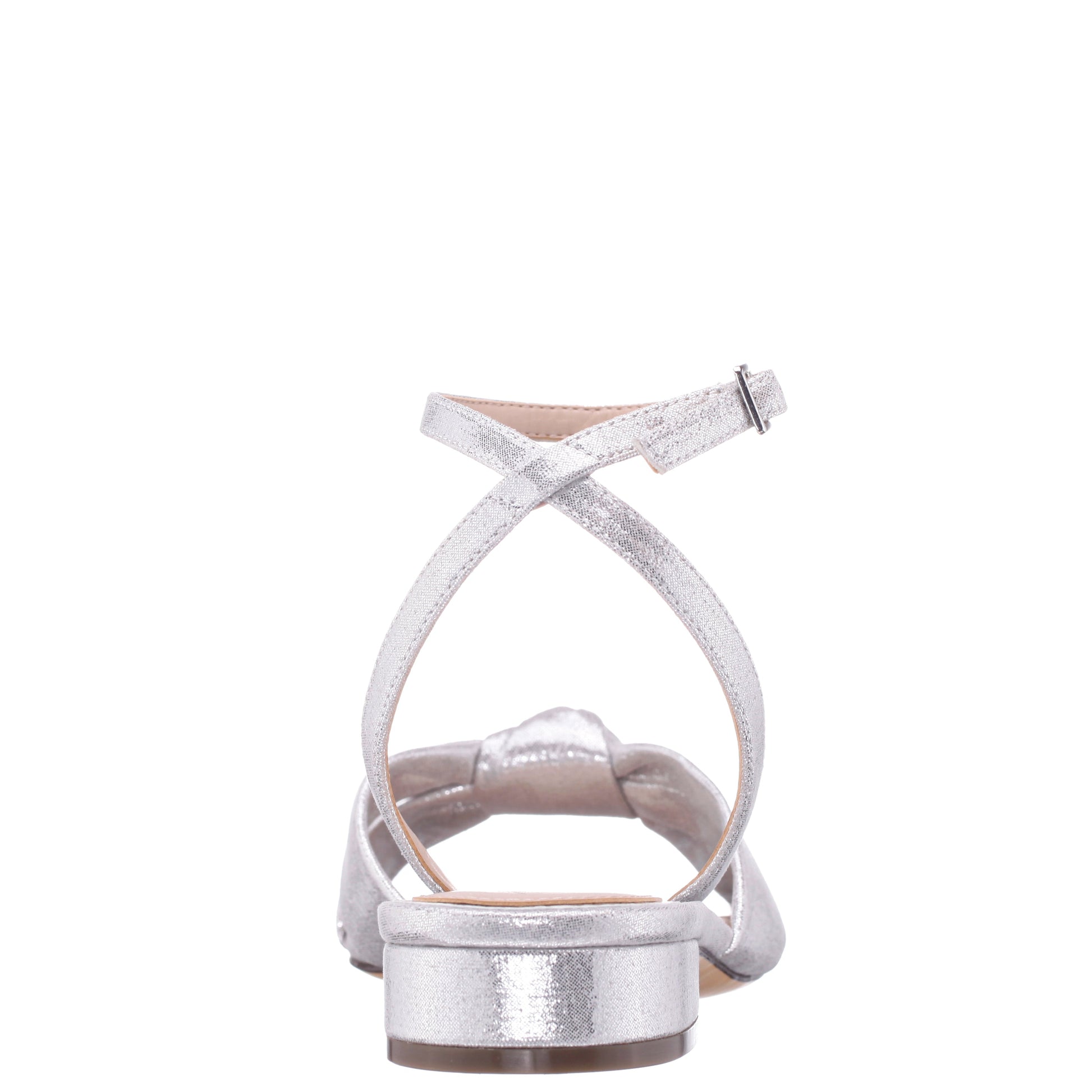 Sulma Silver Metallic Suedette Block-Heel Flat Sandals with Ankle-Strap | Nina Shoes