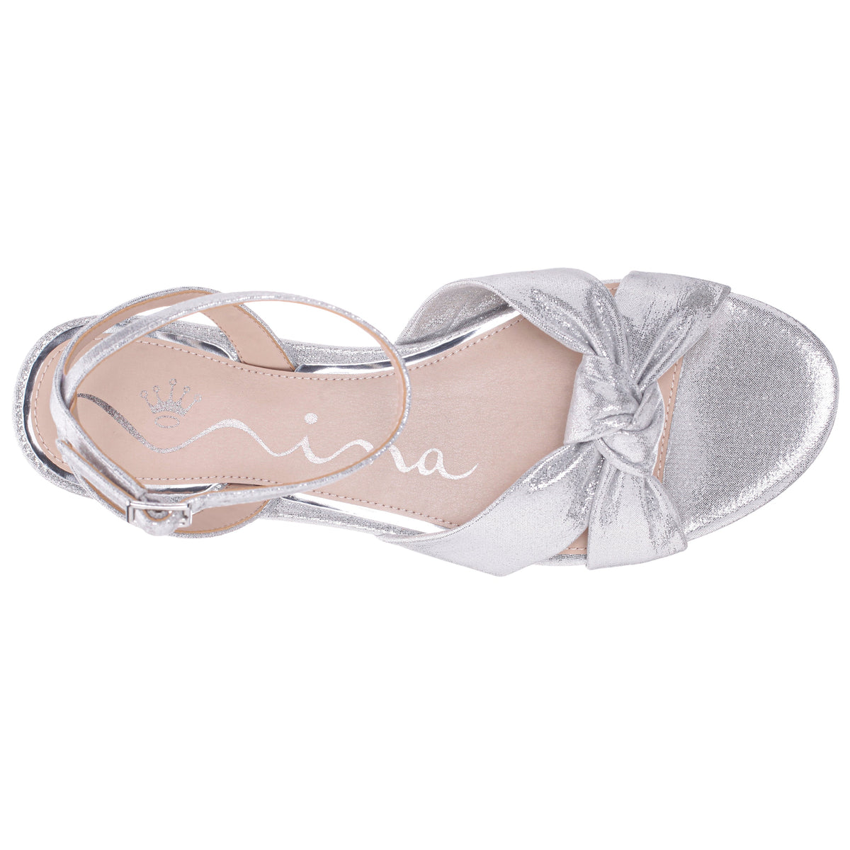 Sulma Silver Metallic Suedette Block-Heel Flat Sandals with Ankle-Strap | Nina Shoes