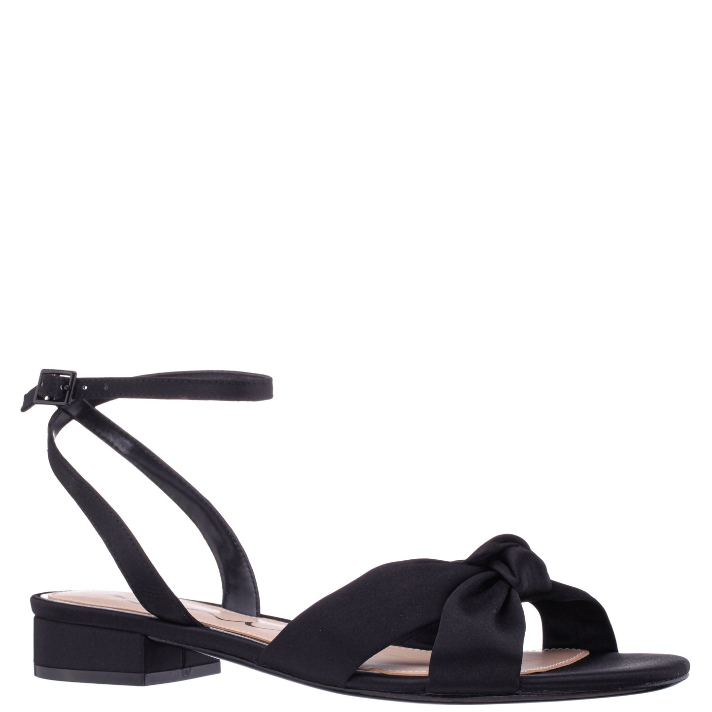 Sulma Black Satin Block-Heel Flat Sandals with Ankle-Strap | Nina Shoes