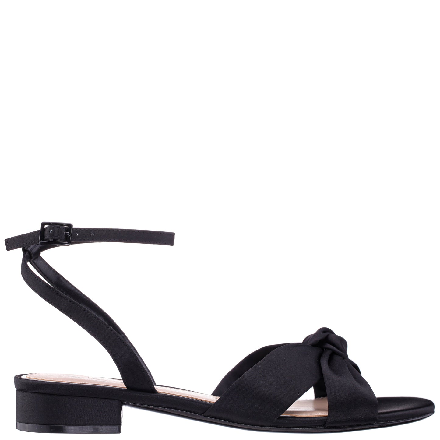 Sulma Black Satin Block-Heel Flat Sandals with Ankle-Strap | Nina Shoes